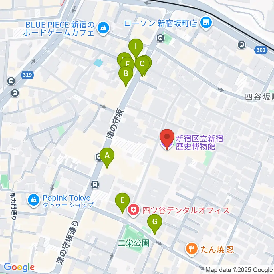 新宿歴史博物館周辺のファミレス・ファーストフード一覧地図