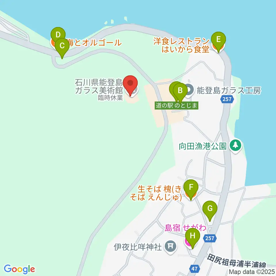 石川県能登島ガラス美術館周辺のファミレス・ファーストフード一覧地図
