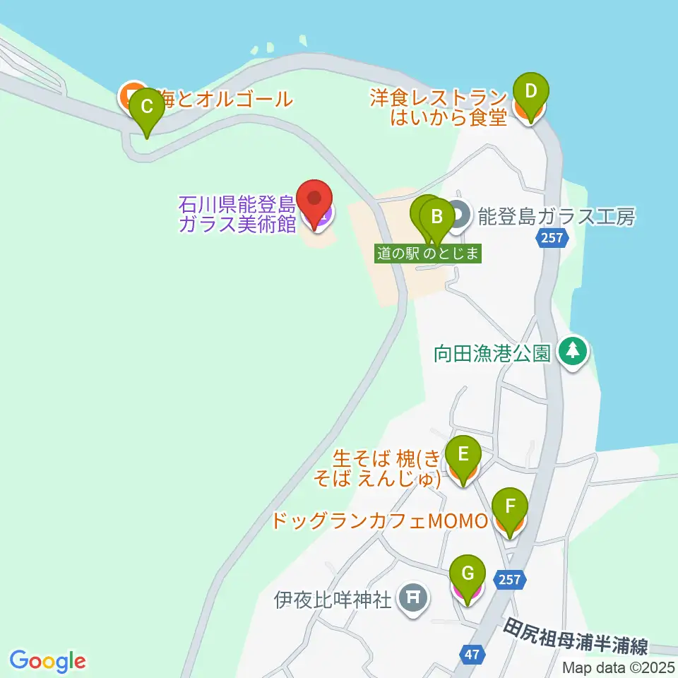 石川県能登島ガラス美術館周辺のファミレス・ファーストフード一覧地図