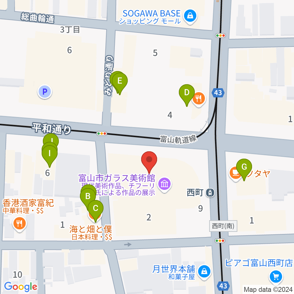 富山市ガラス美術館周辺のファミレス・ファーストフード一覧地図