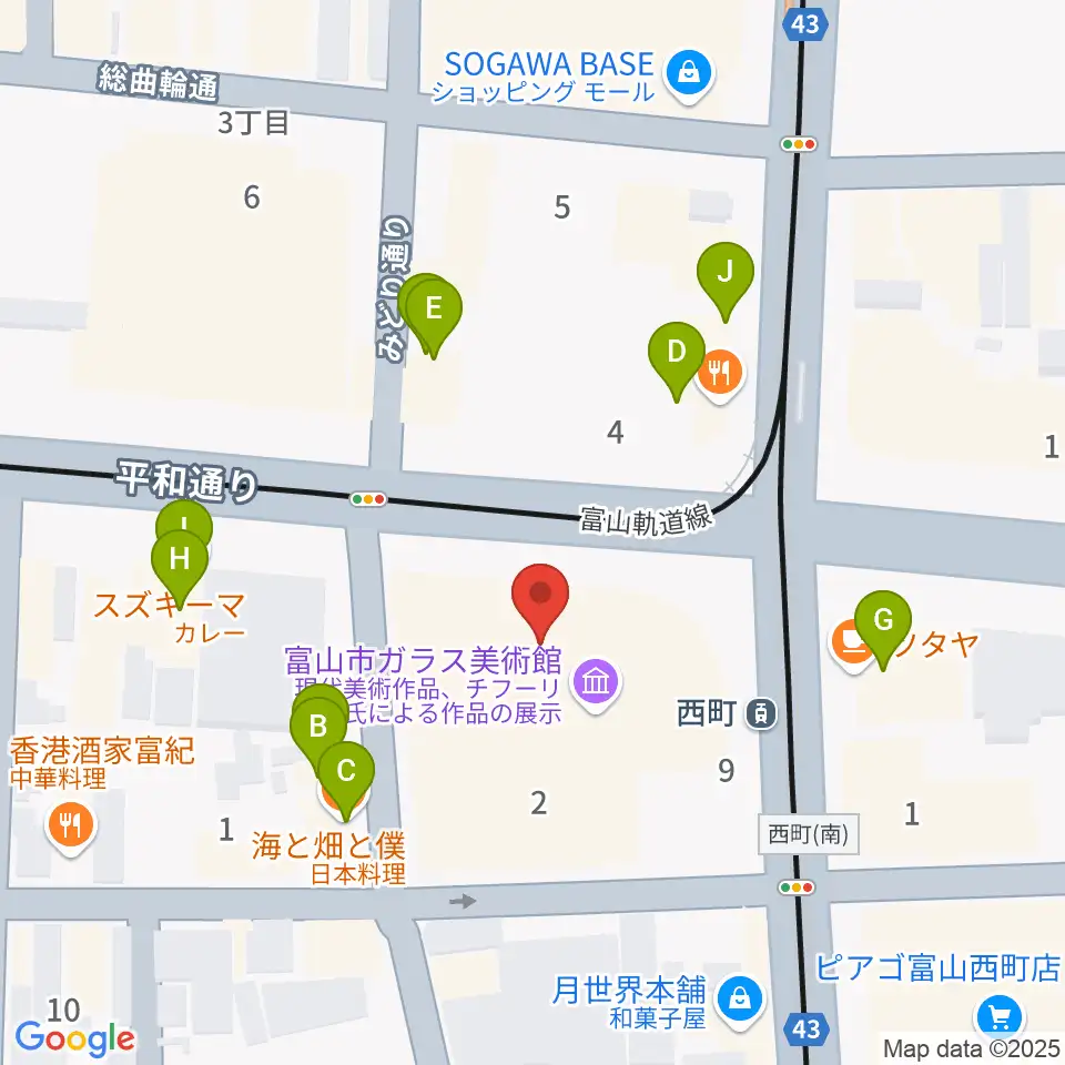 富山市ガラス美術館周辺のファミレス・ファーストフード一覧地図