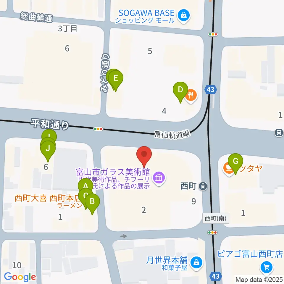 富山市ガラス美術館周辺のファミレス・ファーストフード一覧地図
