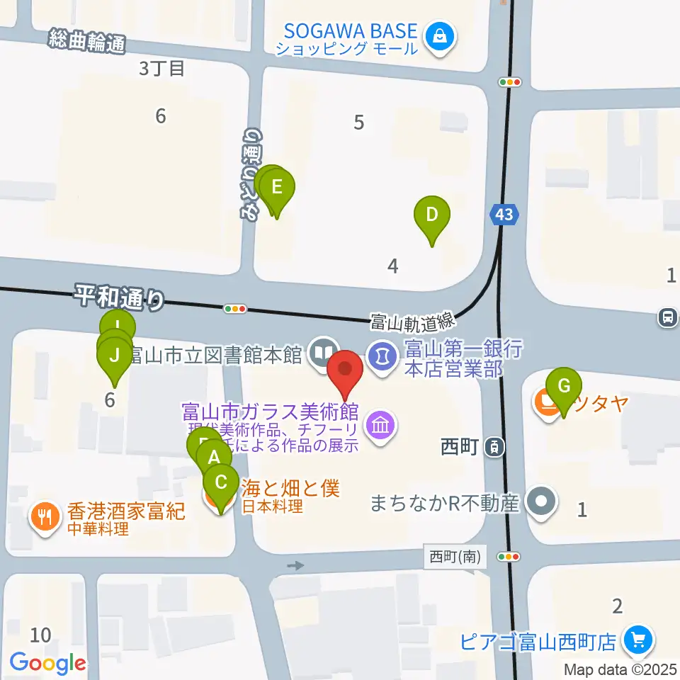 富山市ガラス美術館周辺のファミレス・ファーストフード一覧地図