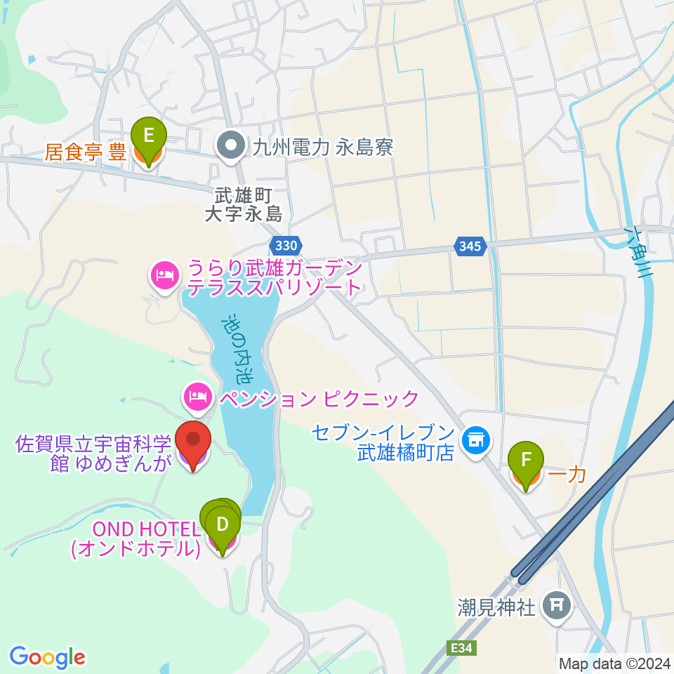 佐賀県立宇宙科学館ゆめぎんが周辺のファミレス・ファーストフード一覧地図