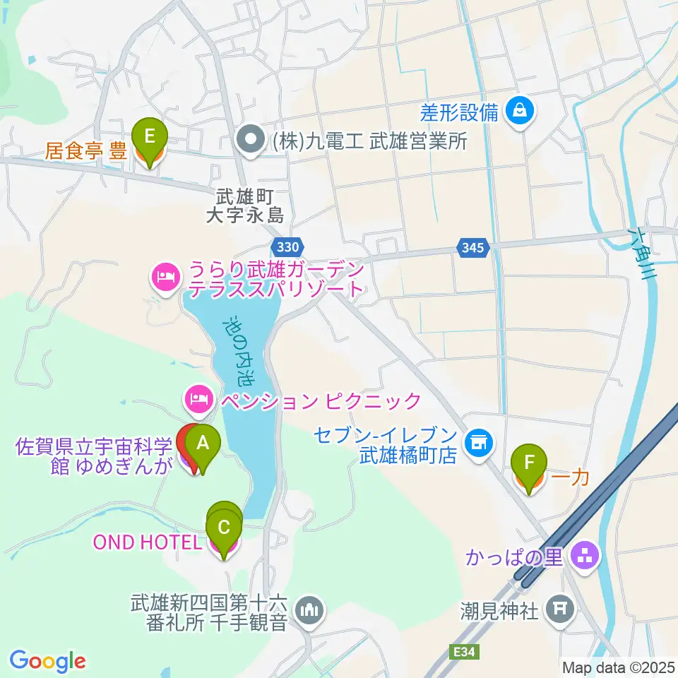 佐賀県立宇宙科学館ゆめぎんが周辺のファミレス・ファーストフード一覧地図