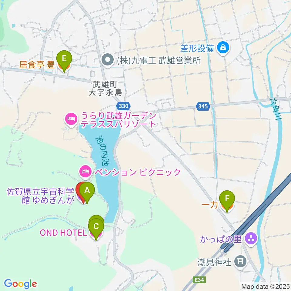 佐賀県立宇宙科学館ゆめぎんが周辺のファミレス・ファーストフード一覧地図