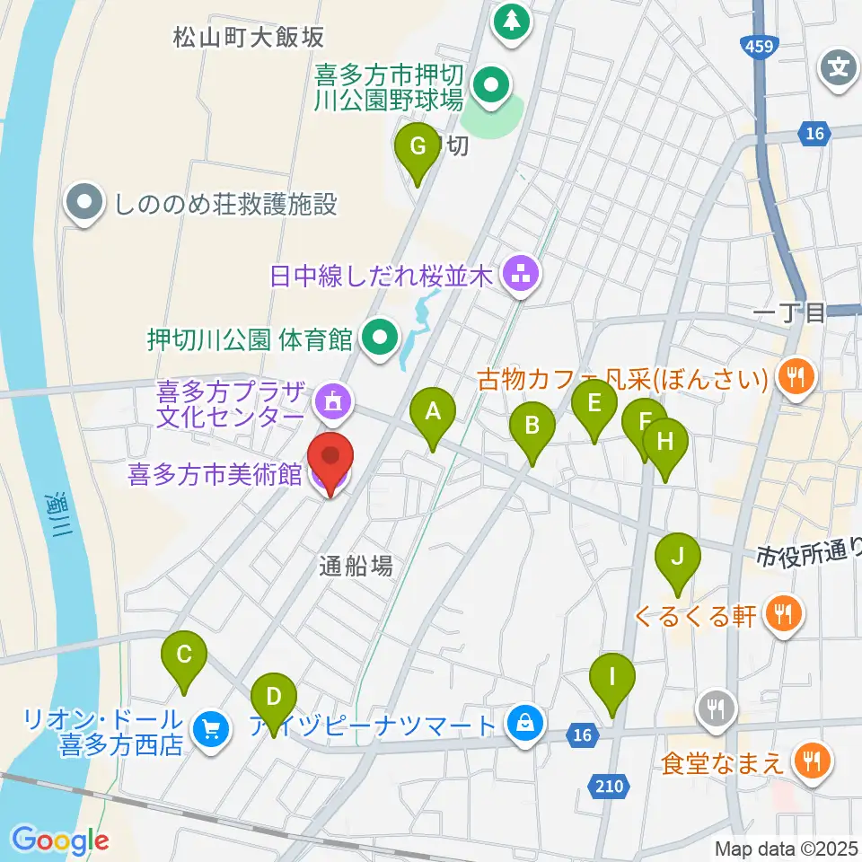 喜多方市美術館周辺のファミレス・ファーストフード一覧地図