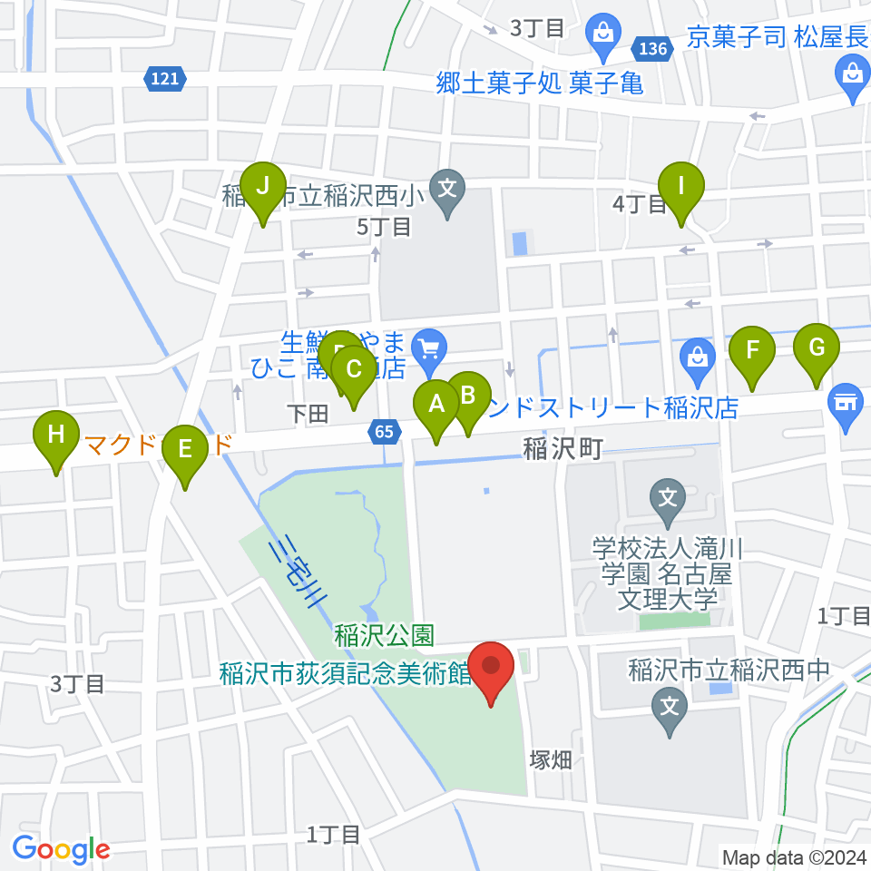 稲沢市荻須記念美術館周辺のファミレス・ファーストフード一覧地図