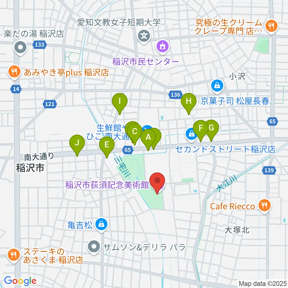 稲沢市荻須記念美術館周辺のファミレス・ファーストフード一覧地図