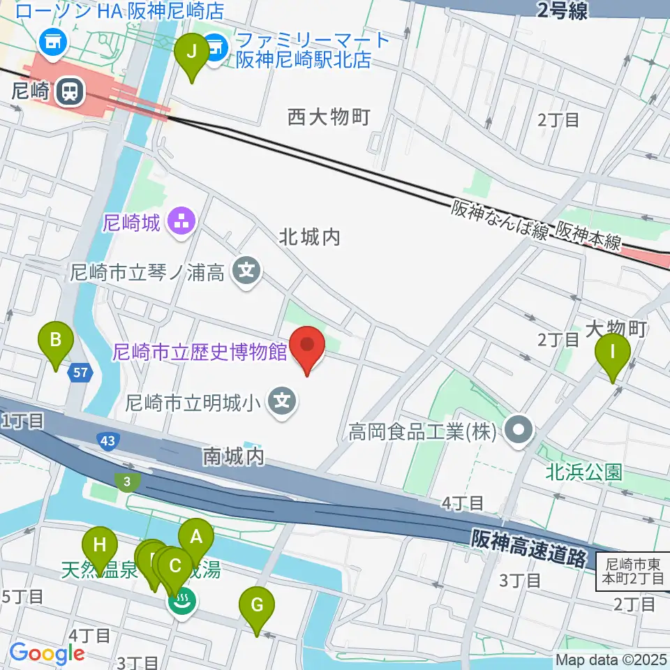 尼崎市立歴史博物館周辺のファミレス・ファーストフード一覧地図