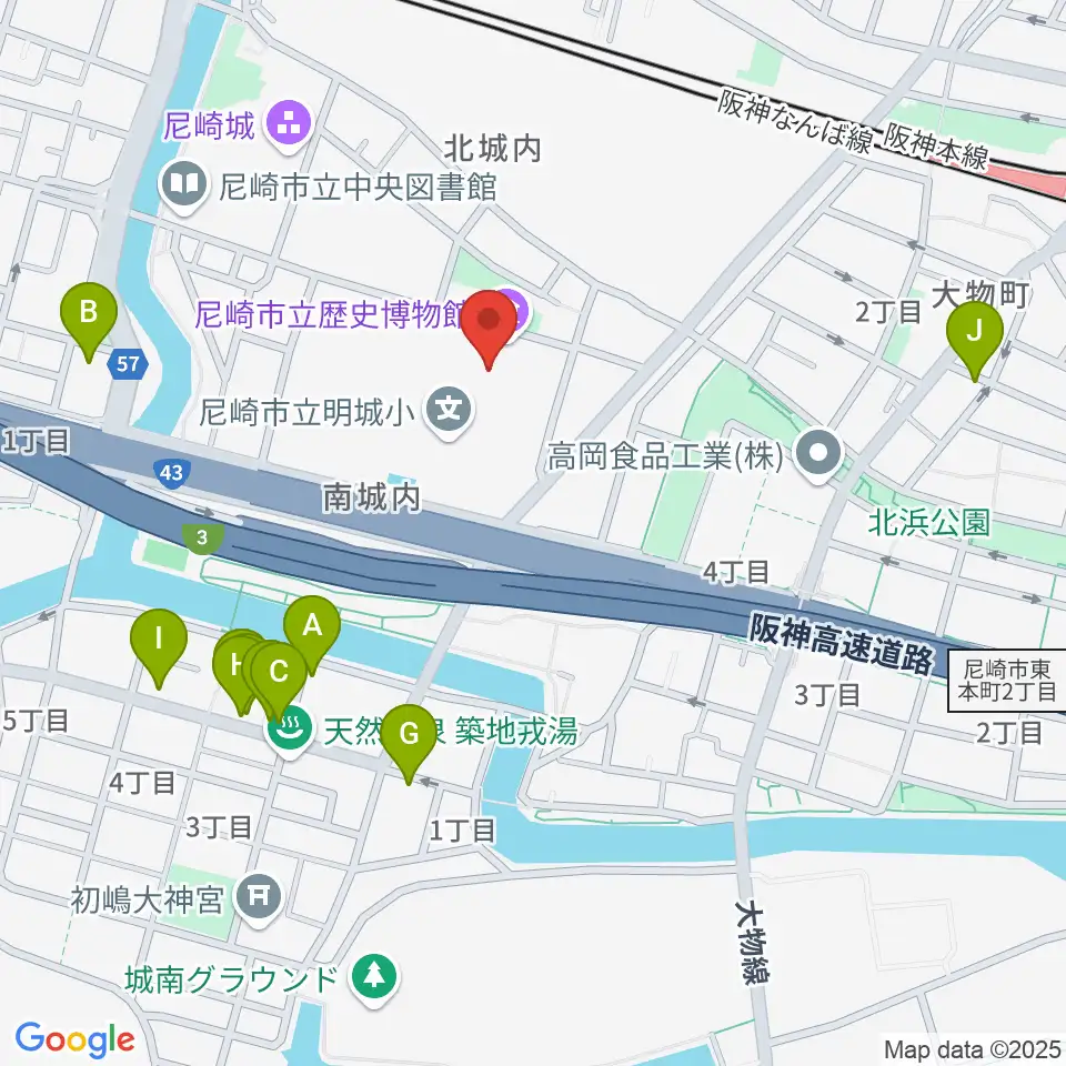 尼崎市立歴史博物館周辺のファミレス・ファーストフード一覧地図