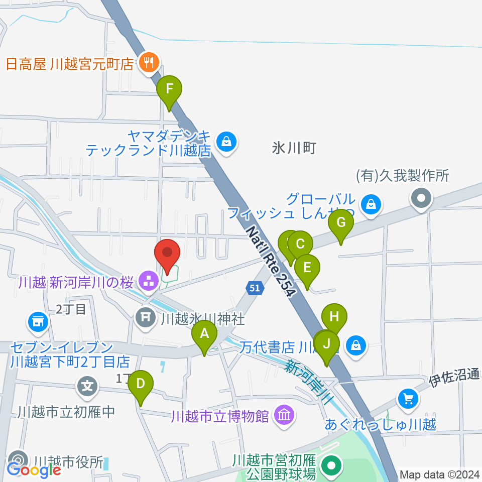 ヤオコー川越美術館（三栖右嗣記念館）周辺のファミレス・ファーストフード一覧地図