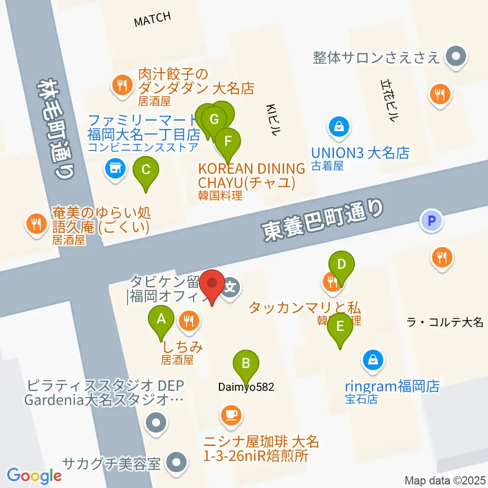 福岡大名ライブハウス秘密周辺のファミレス・ファーストフード一覧地図