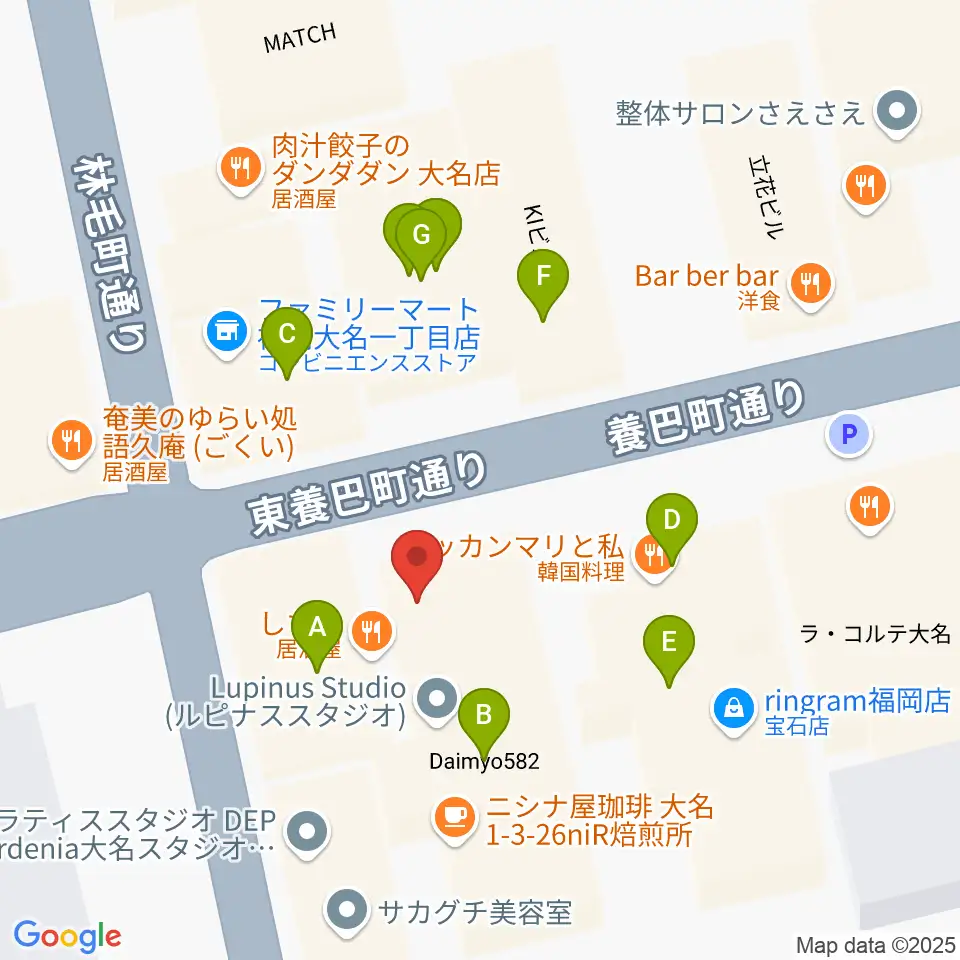 福岡大名ライブハウス秘密周辺のファミレス・ファーストフード一覧地図