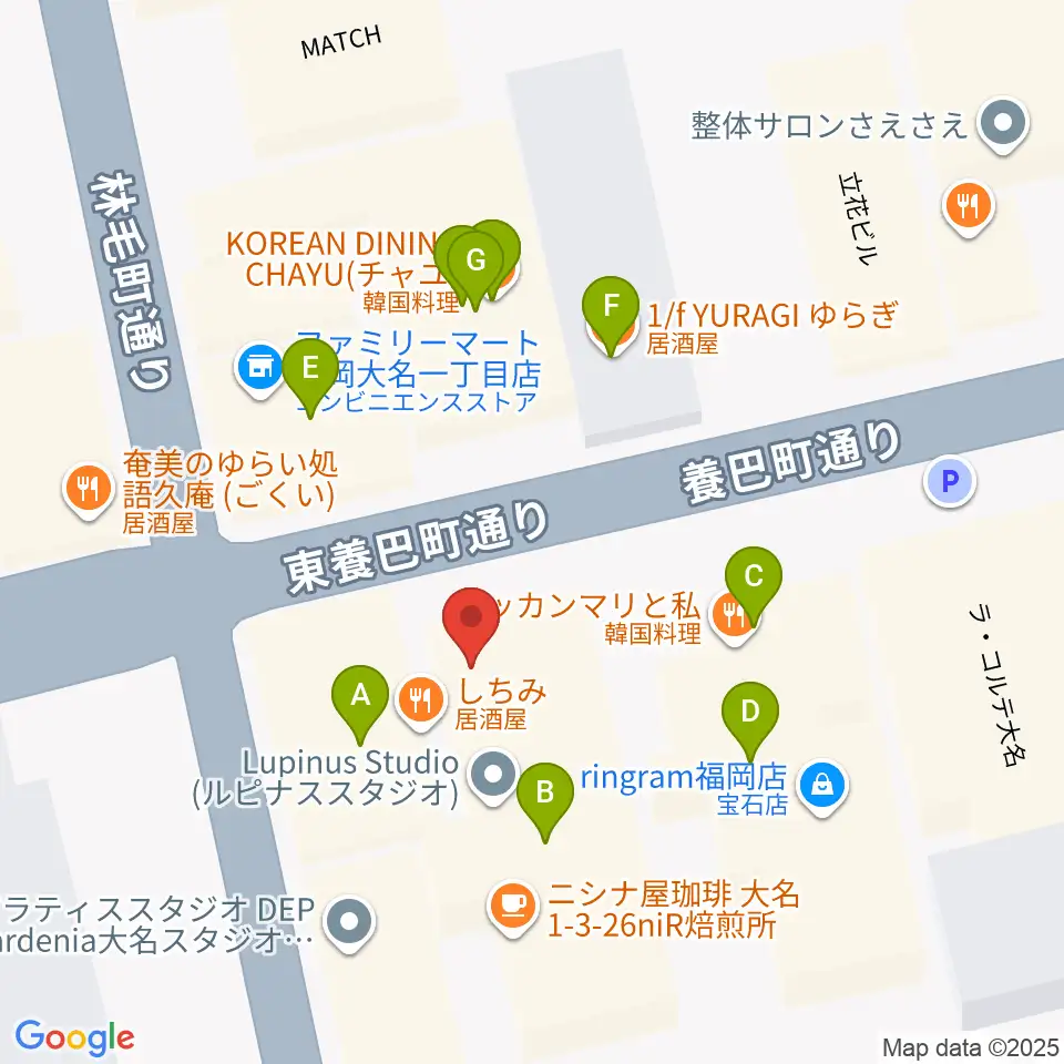 福岡大名ライブハウス秘密周辺のファミレス・ファーストフード一覧地図