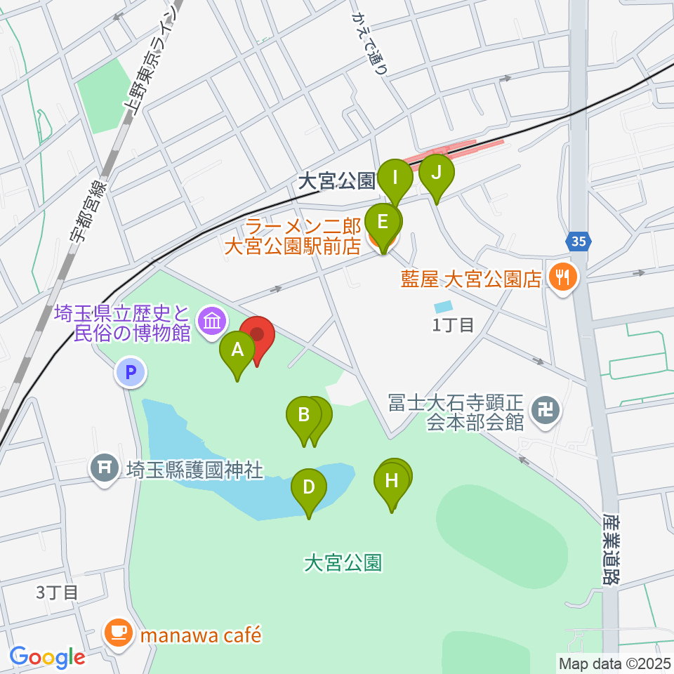 埼玉県立歴史と民俗の博物館周辺のファミレス・ファーストフード一覧地図