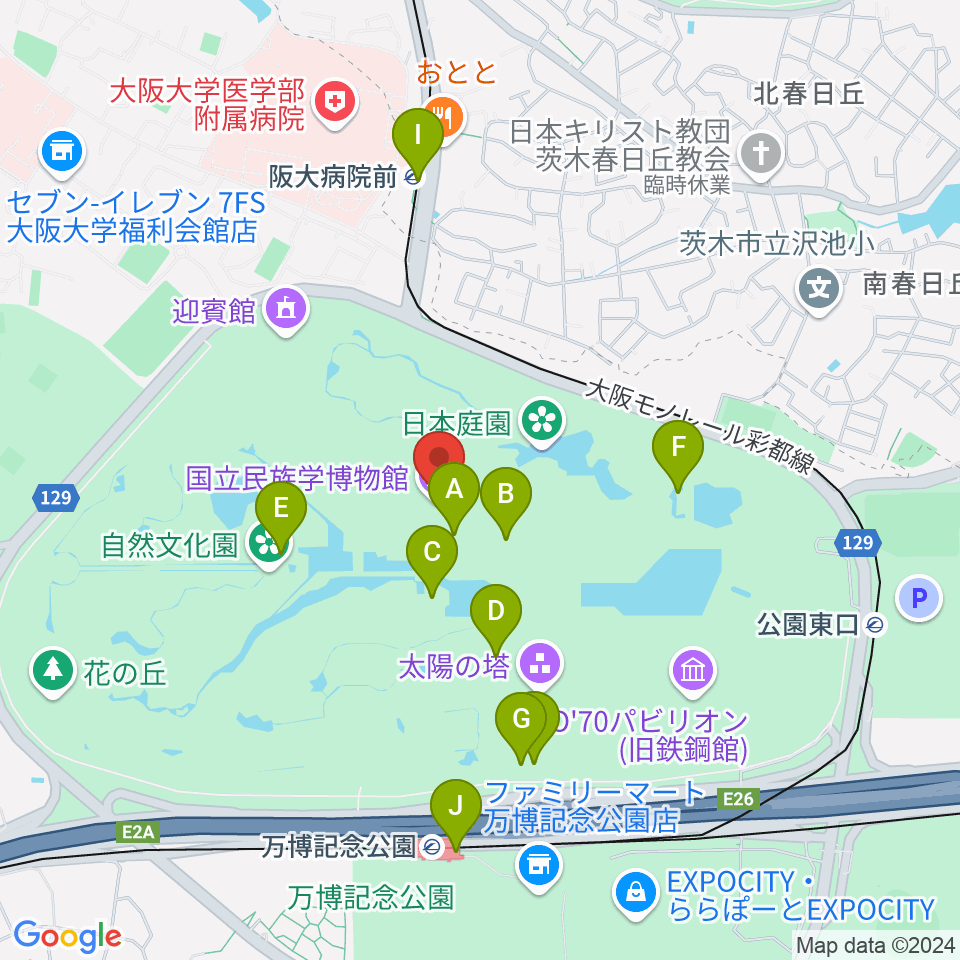 国立民族学博物館周辺のファミレス・ファーストフード一覧地図