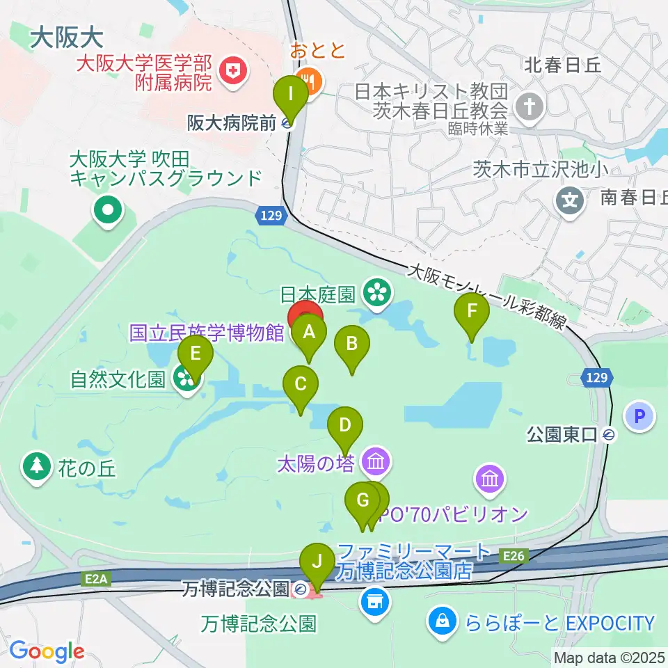 国立民族学博物館周辺のファミレス・ファーストフード一覧地図