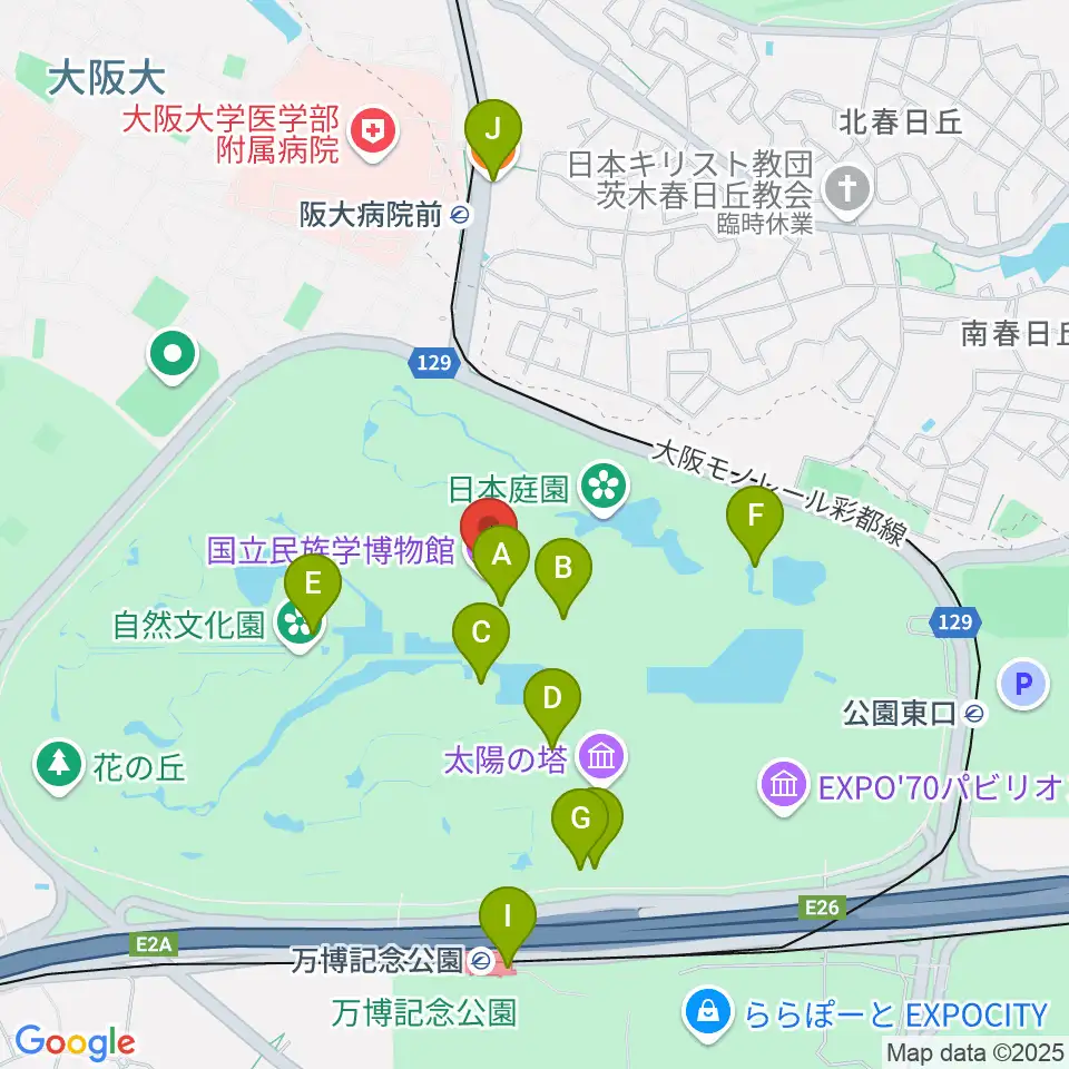 国立民族学博物館周辺のファミレス・ファーストフード一覧地図