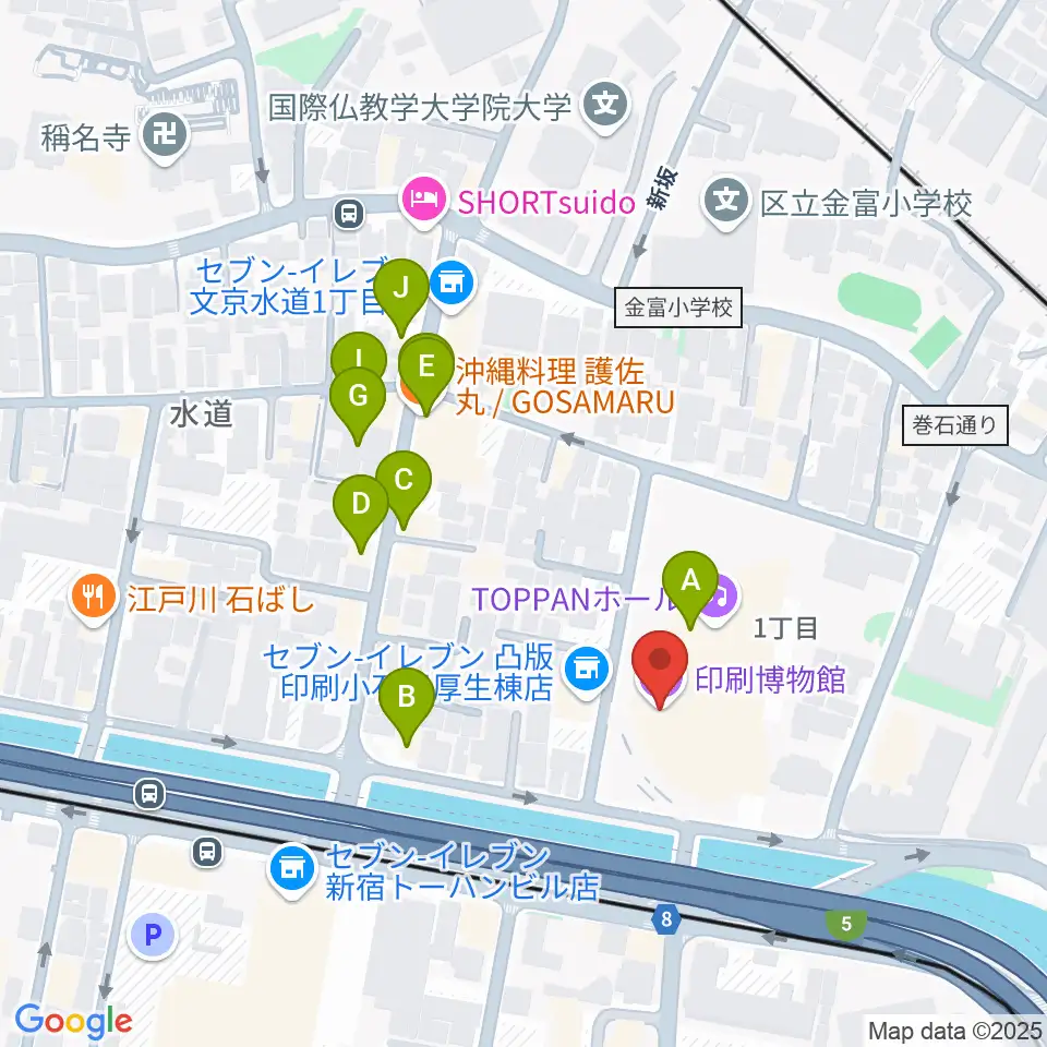 印刷博物館周辺のファミレス・ファーストフード一覧地図