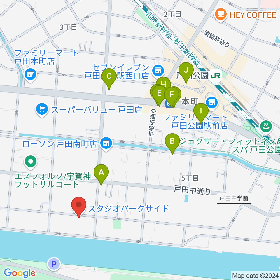 スタジオパークサイド周辺のファミレス・ファーストフード一覧地図