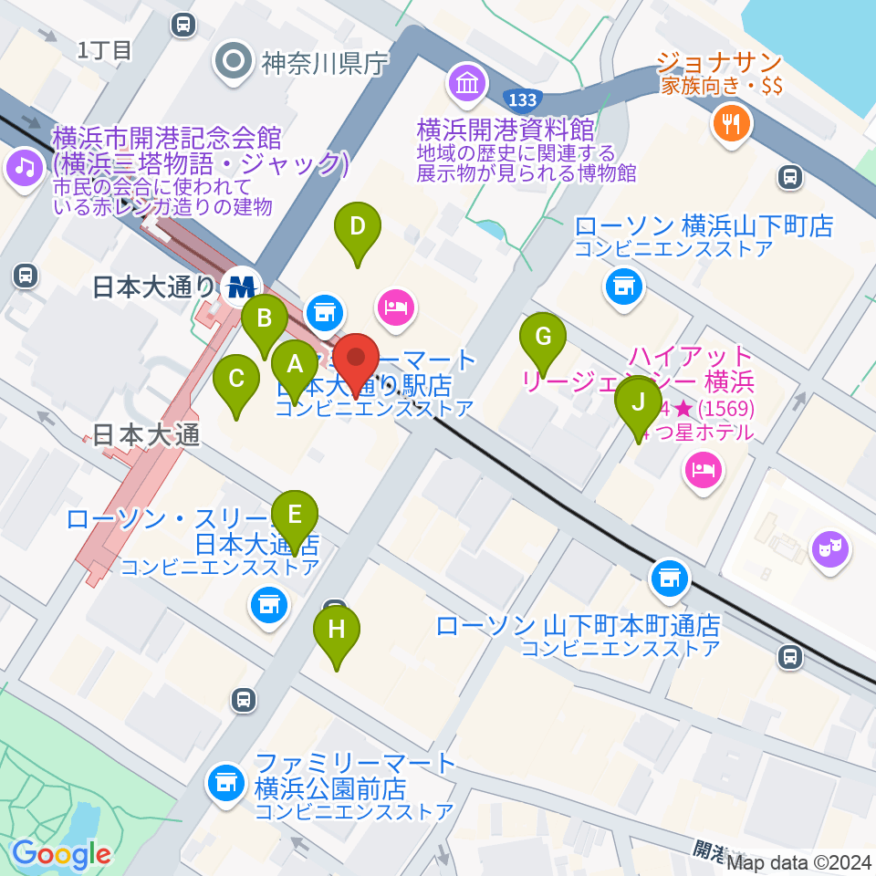 横浜ユーラシア文化館周辺のファミレス・ファーストフード一覧地図