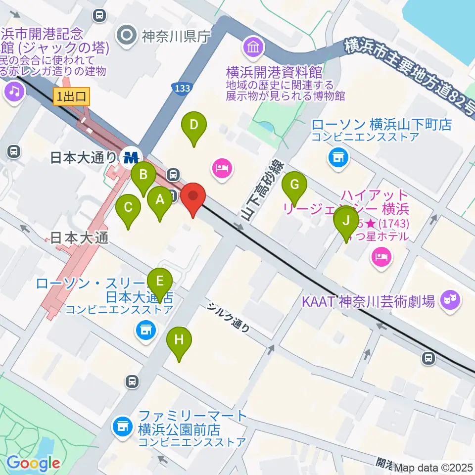 横浜ユーラシア文化館周辺のファミレス・ファーストフード一覧地図