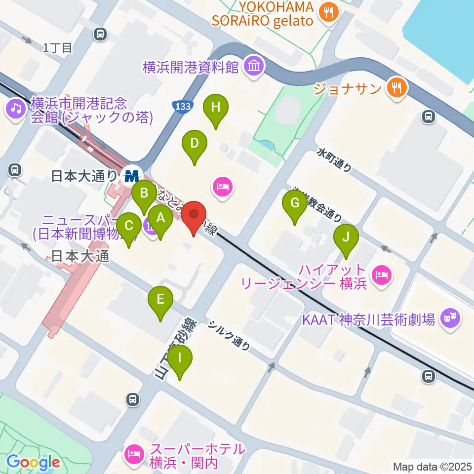 横浜ユーラシア文化館周辺のファミレス・ファーストフード一覧地図