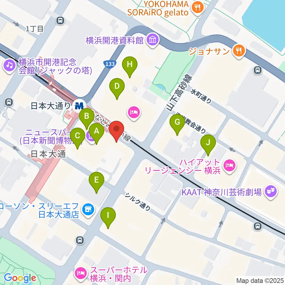横浜ユーラシア文化館周辺のファミレス・ファーストフード一覧地図