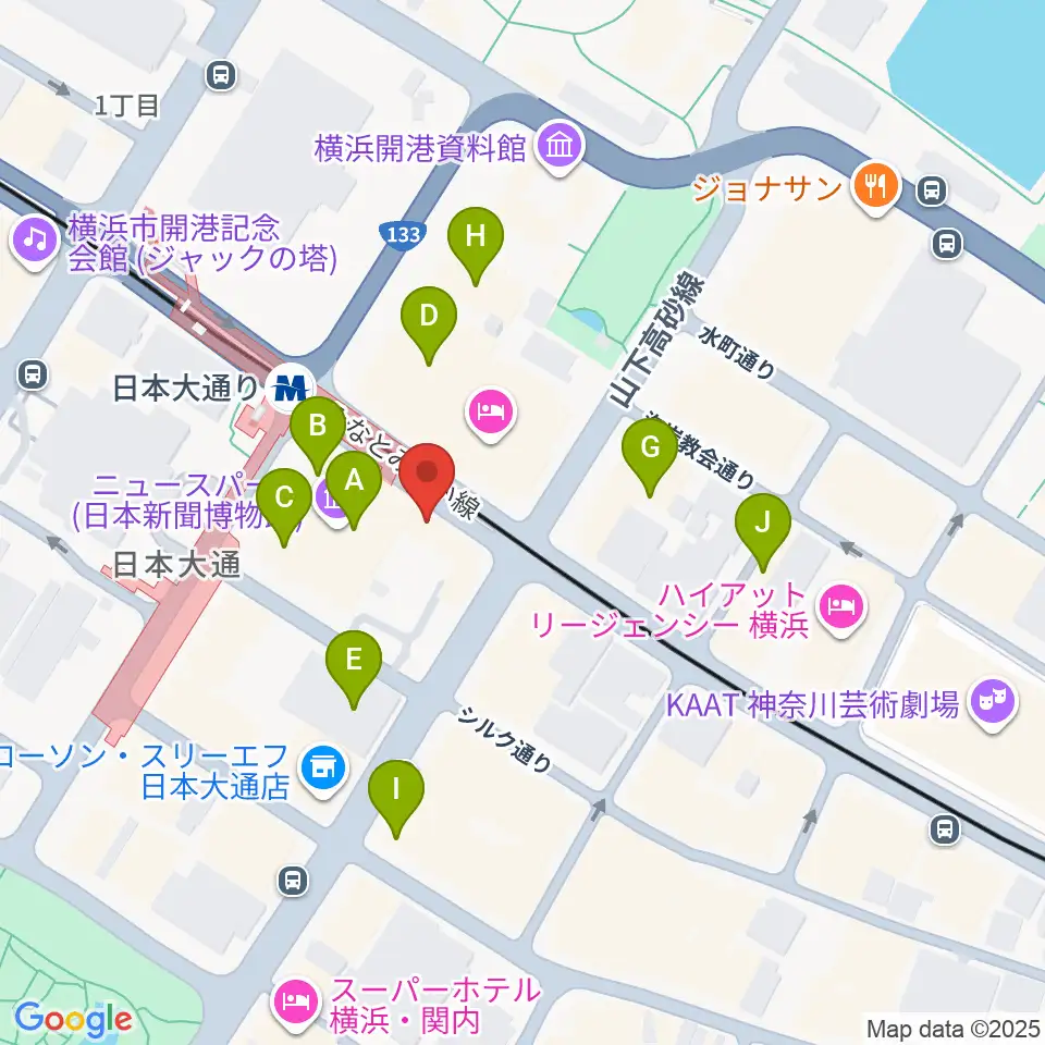 横浜ユーラシア文化館周辺のファミレス・ファーストフード一覧地図