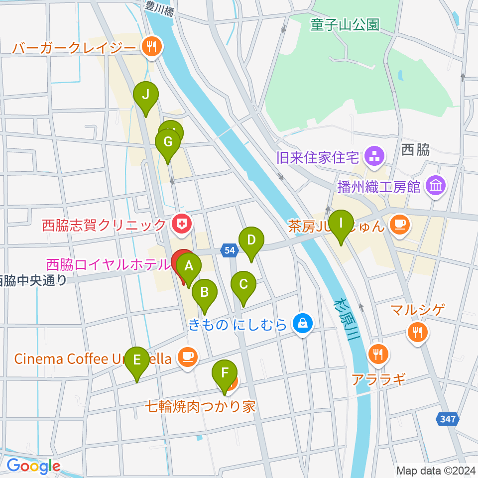 西脇市立音楽ホール アピカホール周辺のファミレス・ファーストフード一覧地図