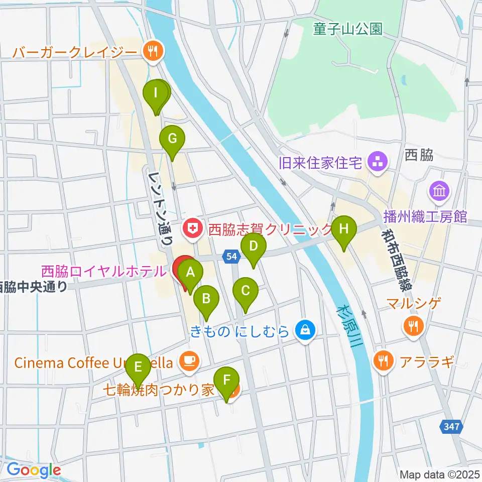 西脇市立音楽ホール アピカホール周辺のファミレス・ファーストフード一覧地図