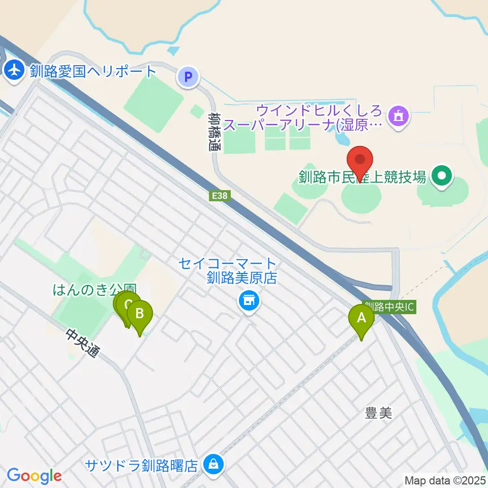 ウインドヒルひがし北海道スタジアム周辺のファミレス・ファーストフード一覧地図