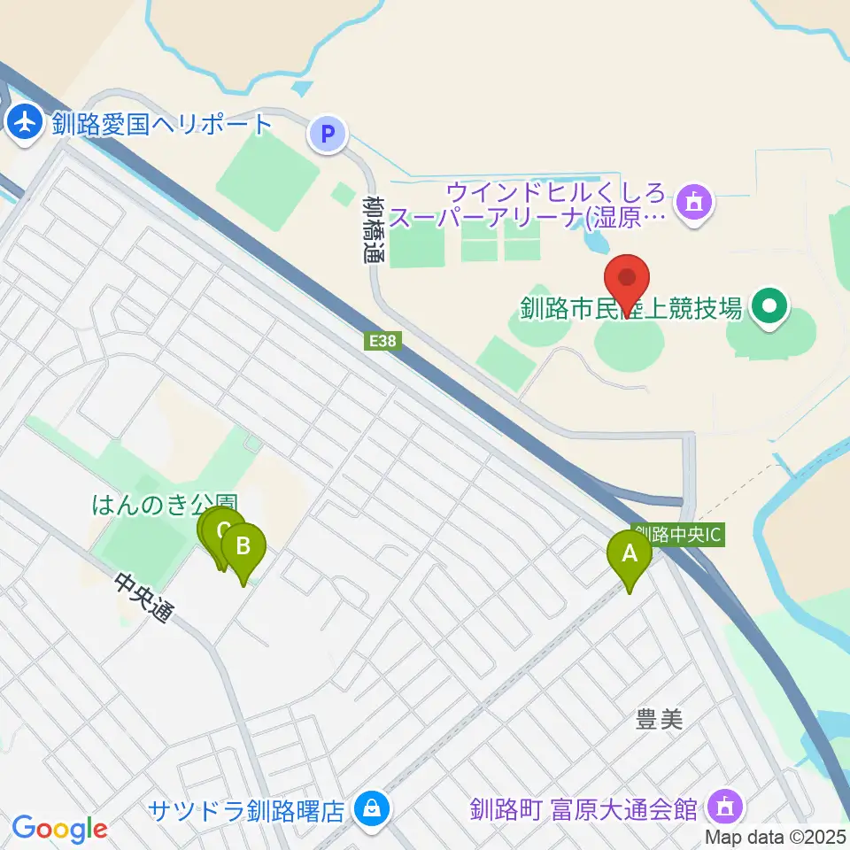 ウインドヒルひがし北海道スタジアム周辺のファミレス・ファーストフード一覧地図