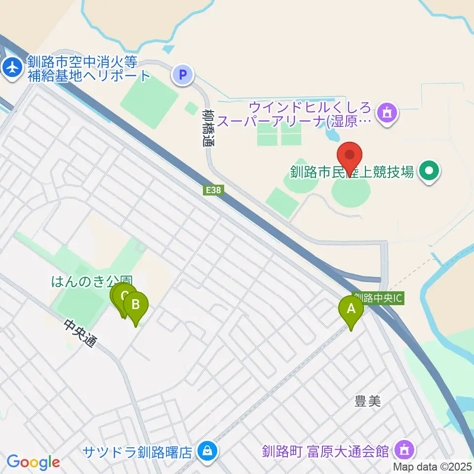ウインドヒルひがし北海道スタジアム周辺のファミレス・ファーストフード一覧地図