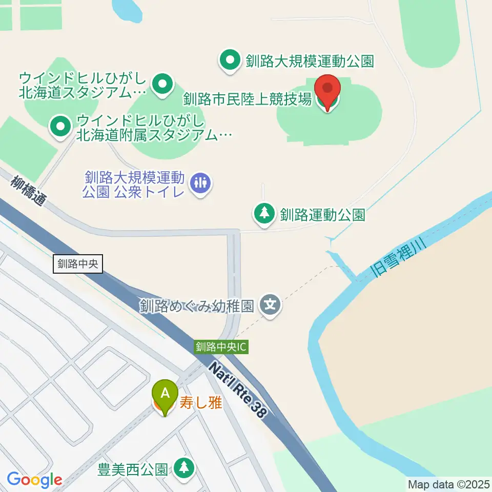 釧路市民陸上競技場周辺のファミレス・ファーストフード一覧地図