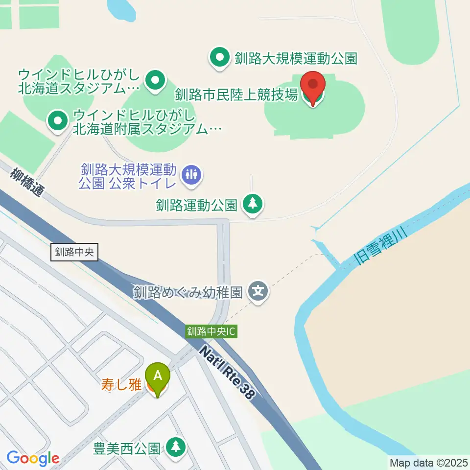 釧路市民陸上競技場周辺のファミレス・ファーストフード一覧地図