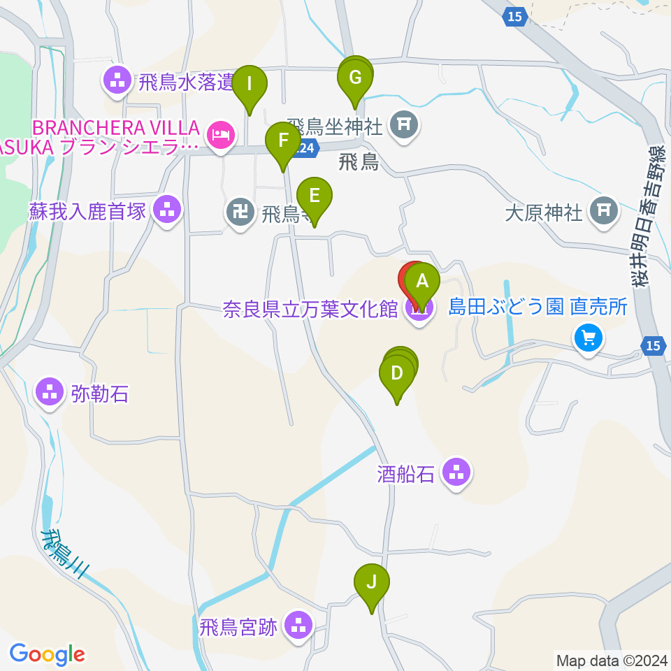 奈良県立万葉文化館周辺のファミレス・ファーストフード一覧地図