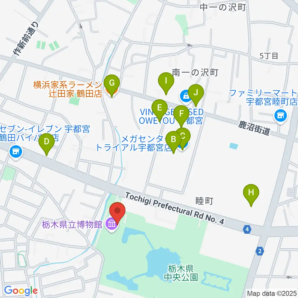 栃木県立博物館周辺のファミレス・ファーストフード一覧地図