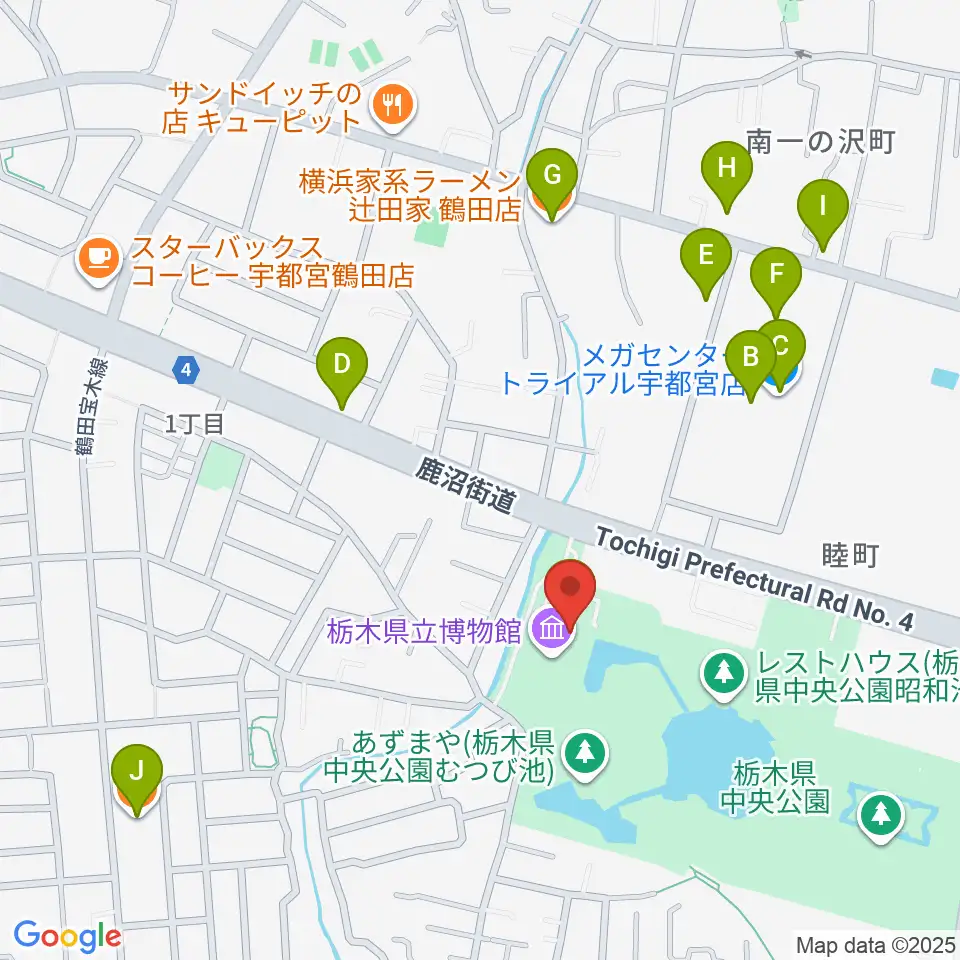 栃木県立博物館周辺のファミレス・ファーストフード一覧地図