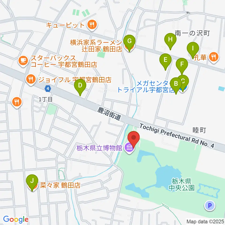 栃木県立博物館周辺のファミレス・ファーストフード一覧地図