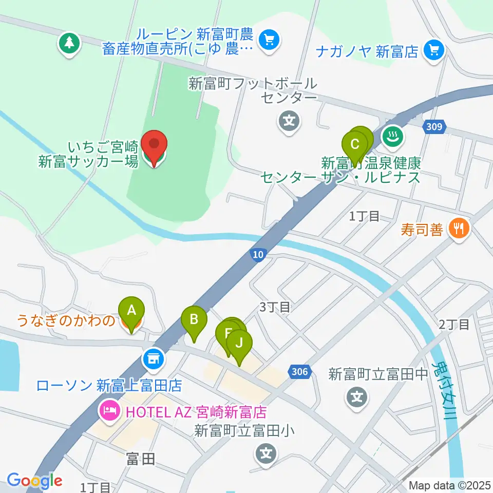 いちご宮崎新富サッカー場周辺のファミレス・ファーストフード一覧地図