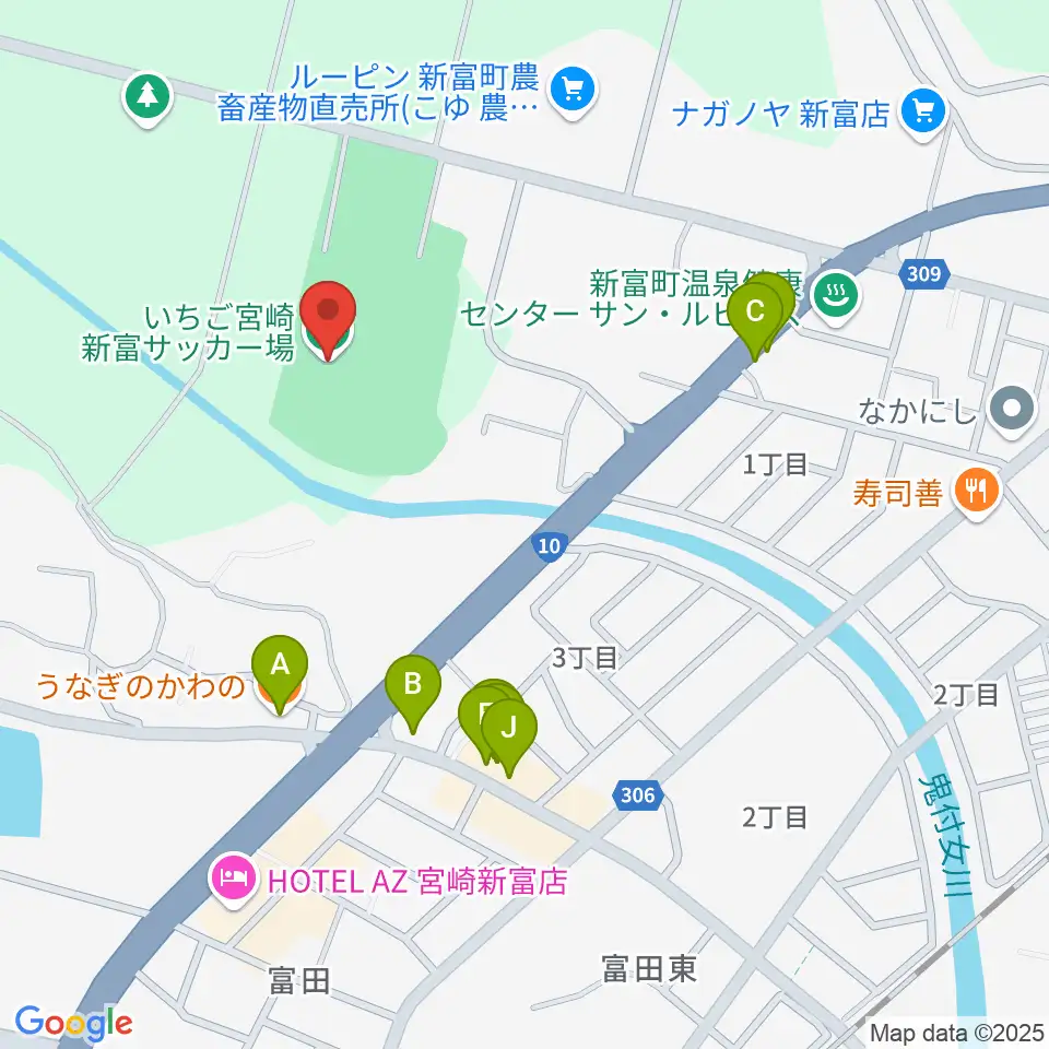 いちご宮崎新富サッカー場周辺のファミレス・ファーストフード一覧地図