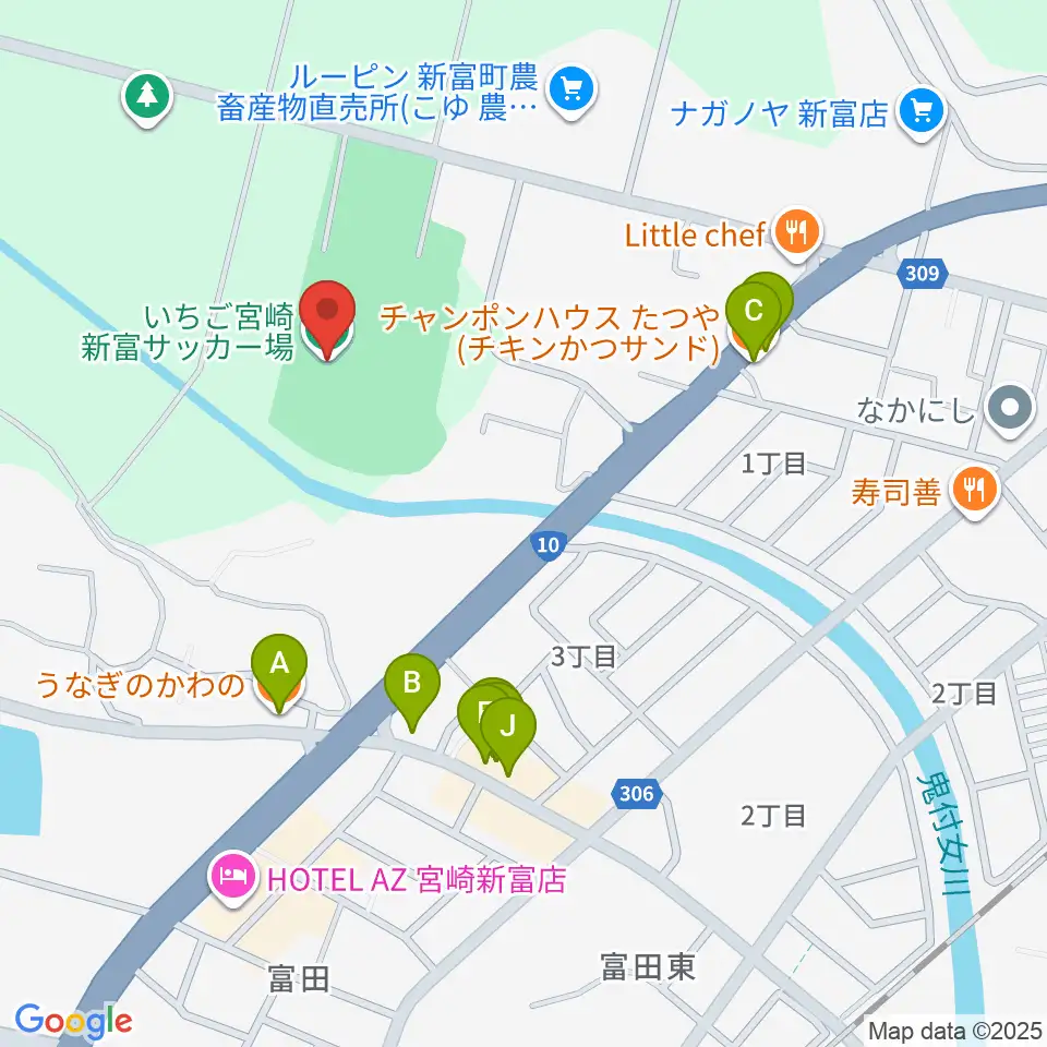 いちご宮崎新富サッカー場周辺のファミレス・ファーストフード一覧地図