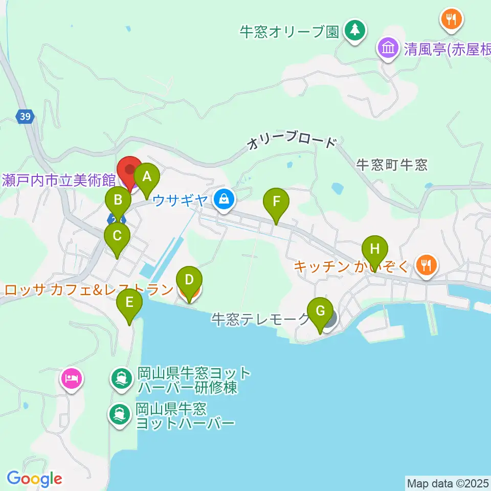 瀬戸内市立美術館周辺のファミレス・ファーストフード一覧地図