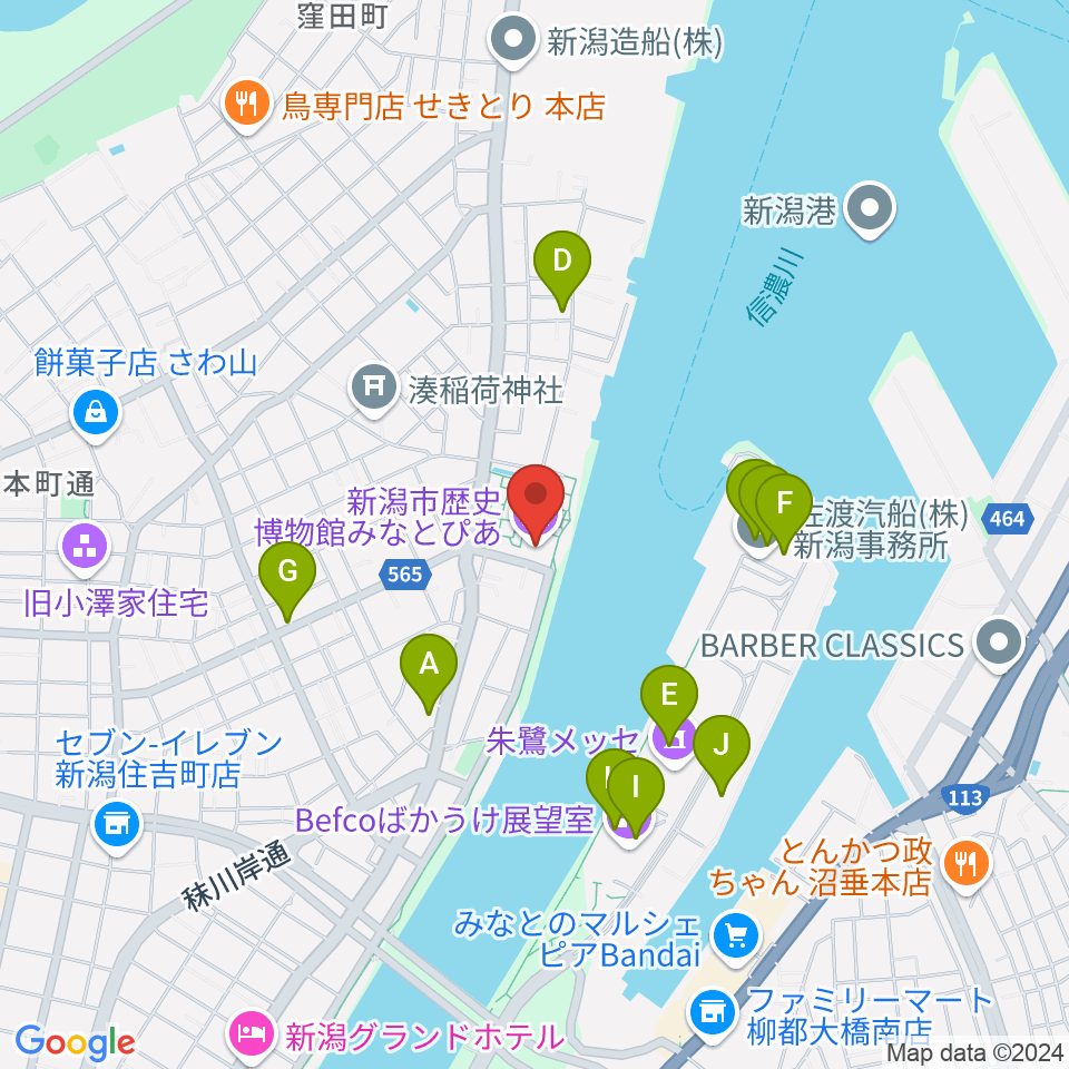 新潟市歴史博物館みなとぴあ周辺のファミレス・ファーストフード一覧地図