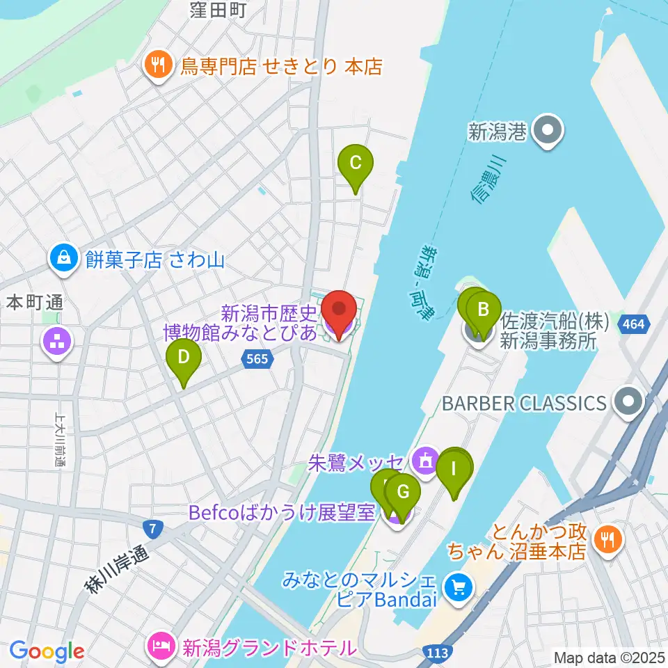 新潟市歴史博物館みなとぴあ周辺のファミレス・ファーストフード一覧地図