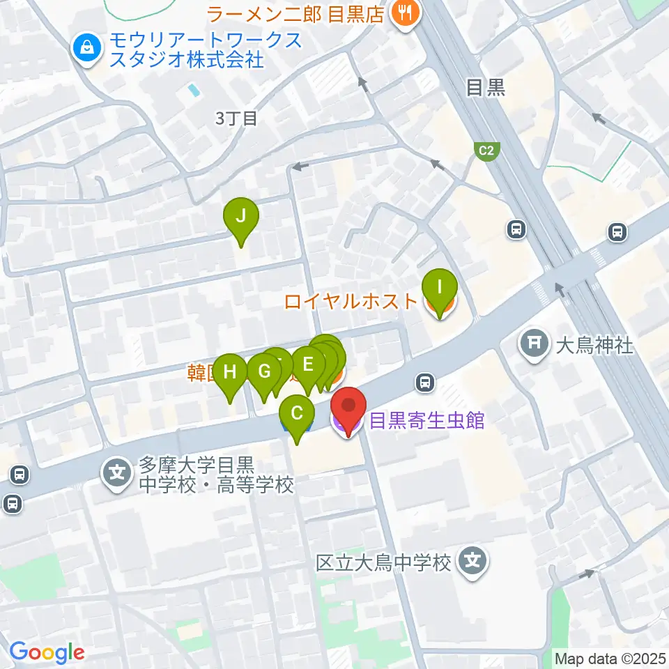 目黒寄生虫館周辺のファミレス・ファーストフード一覧地図