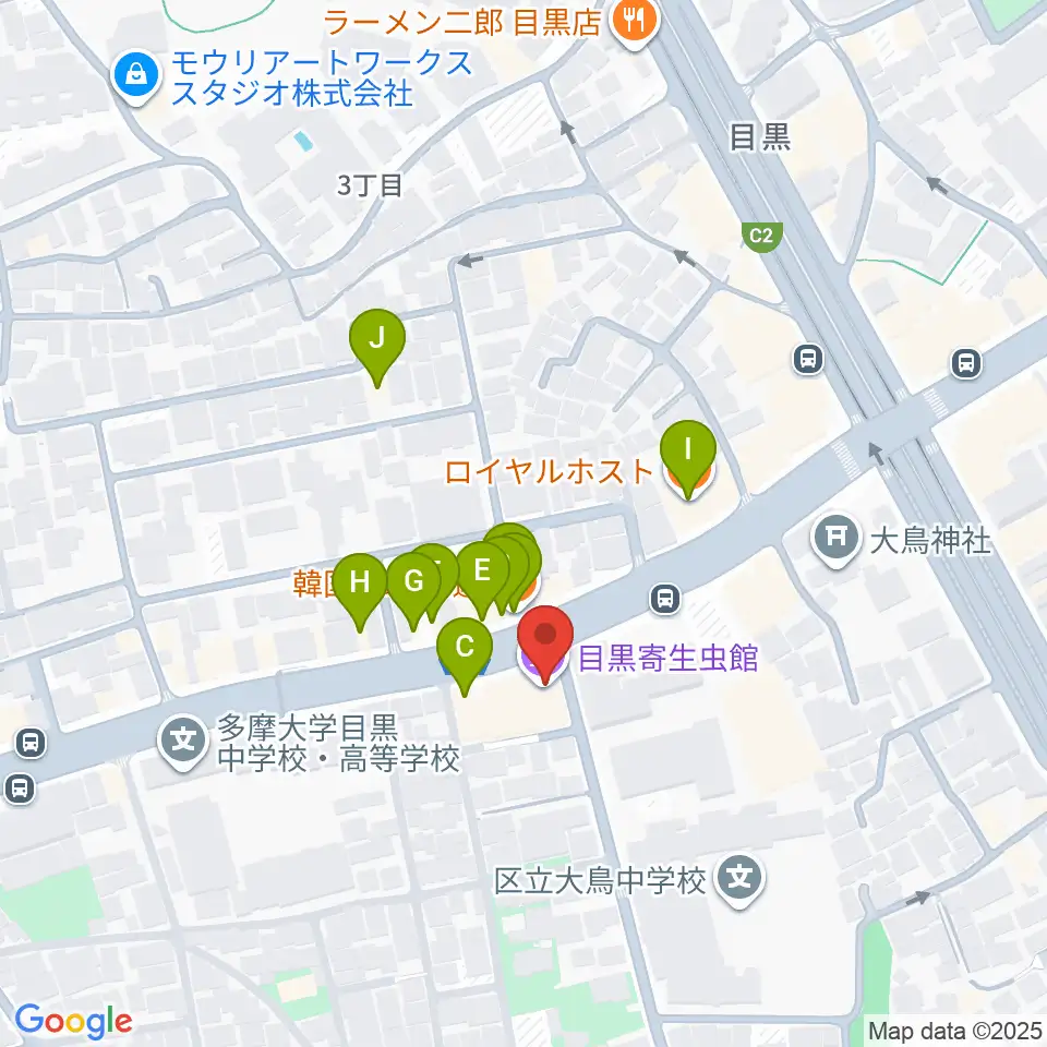 目黒寄生虫館周辺のファミレス・ファーストフード一覧地図
