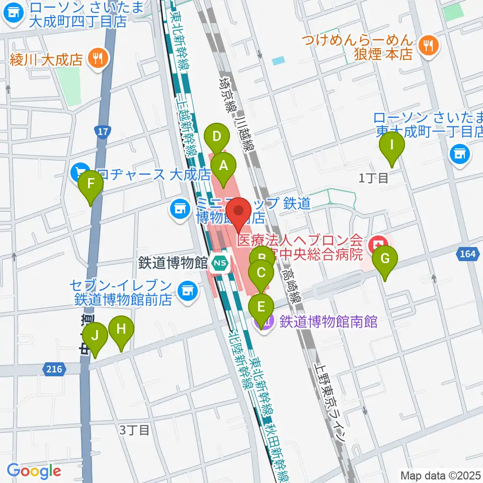 鉄道博物館周辺のファミレス・ファーストフード一覧地図